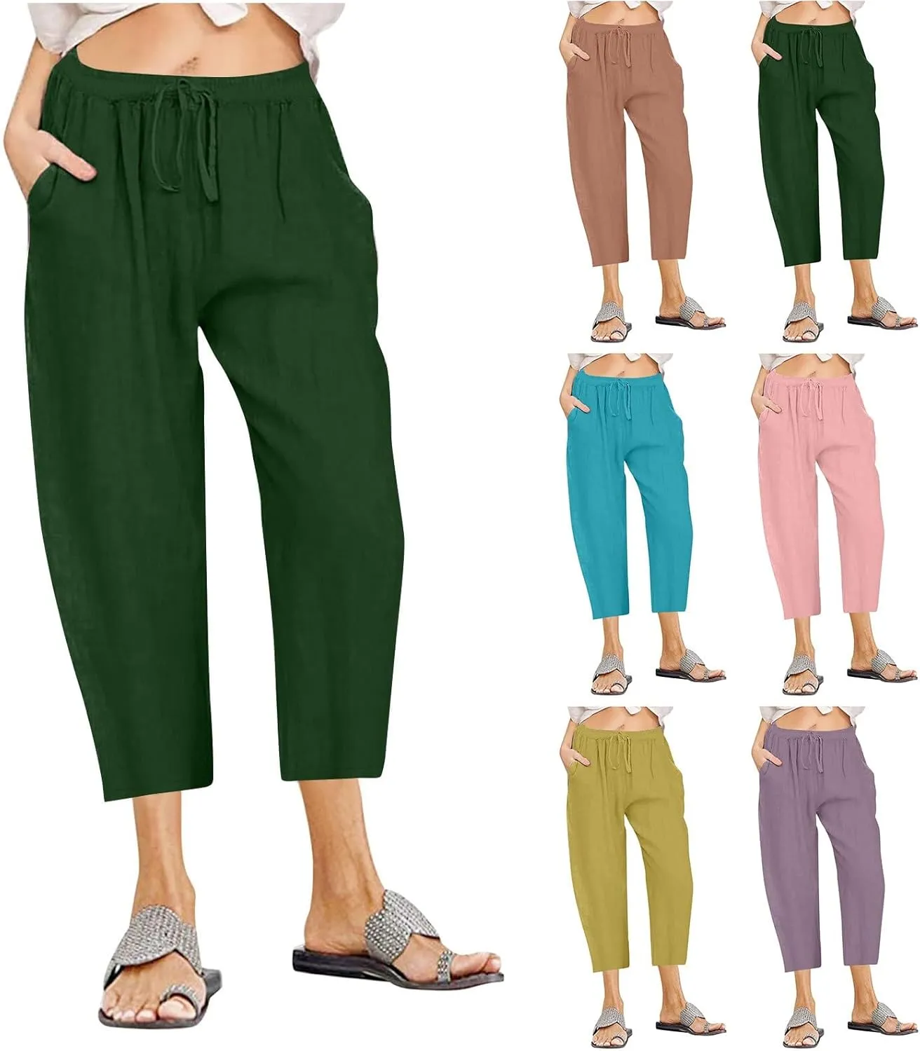 fartey Women's Capri Pants Lightweight Comfort Drawstring High Waist Linen Pants Straight Leg Loose Casual Capris Trouser