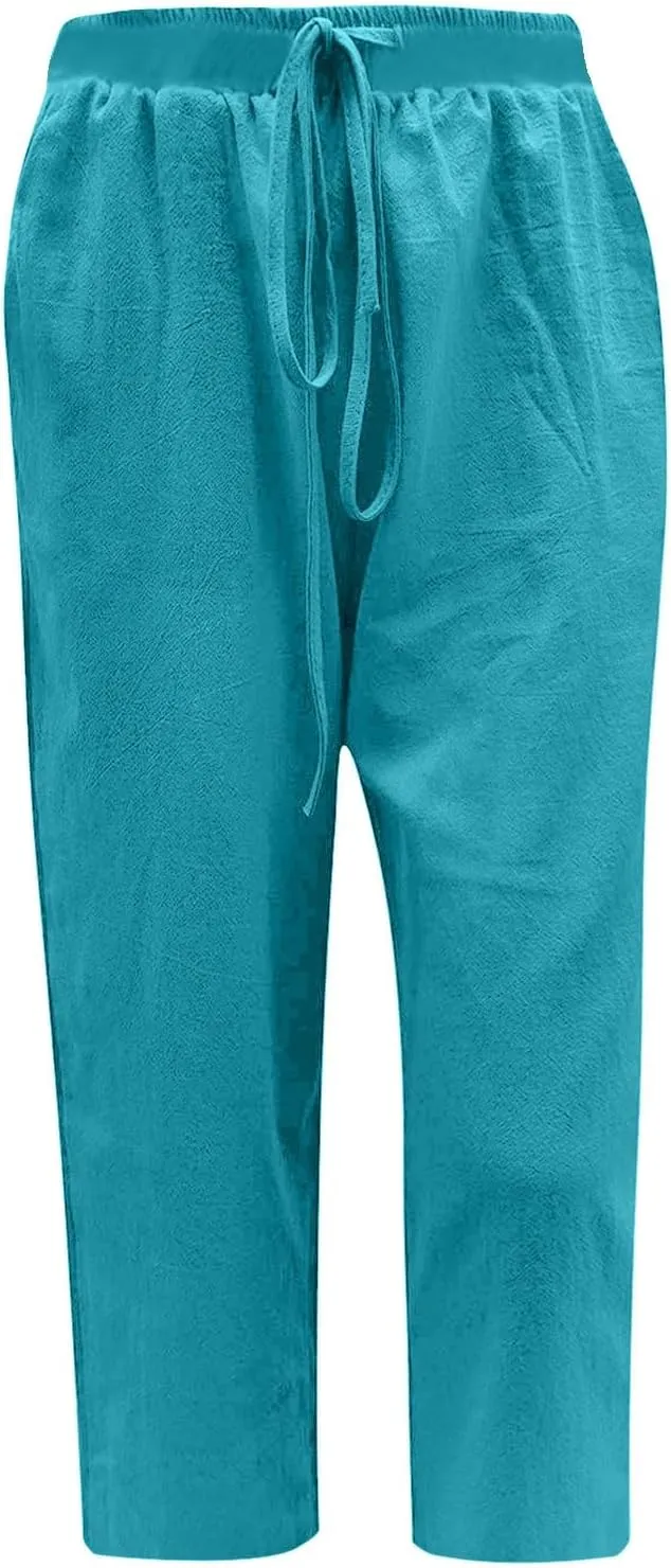 fartey Women's Capri Pants Lightweight Comfort Drawstring High Waist Linen Pants Straight Leg Loose Casual Capris Trouser