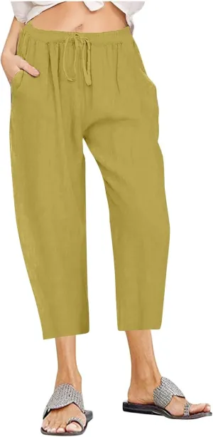 fartey Women's Capri Pants Lightweight Comfort Drawstring High Waist Linen Pants Straight Leg Loose Casual Capris Trouser