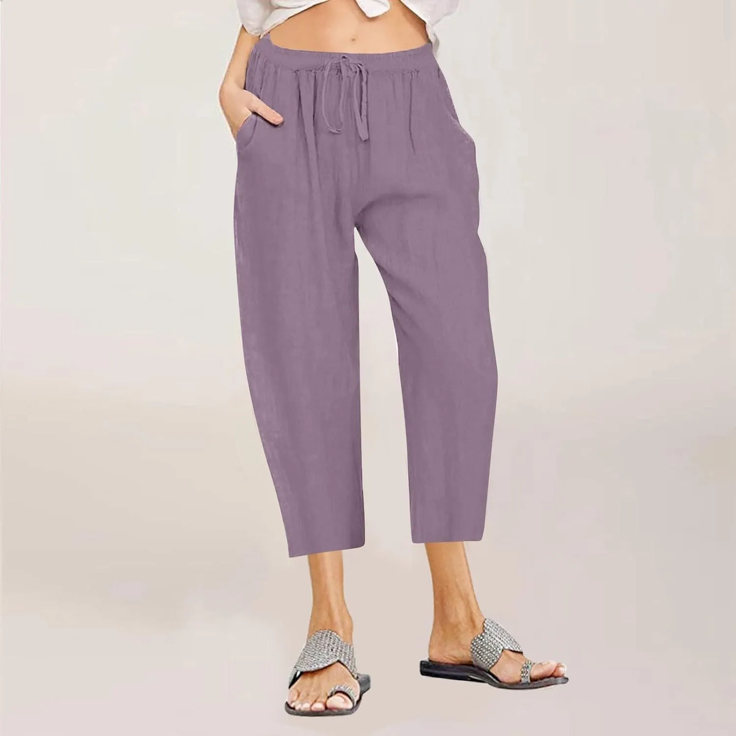 fartey Women's Capri Pants Lightweight Comfort Drawstring High Waist Linen Pants Straight Leg Loose Casual Capris Trouser