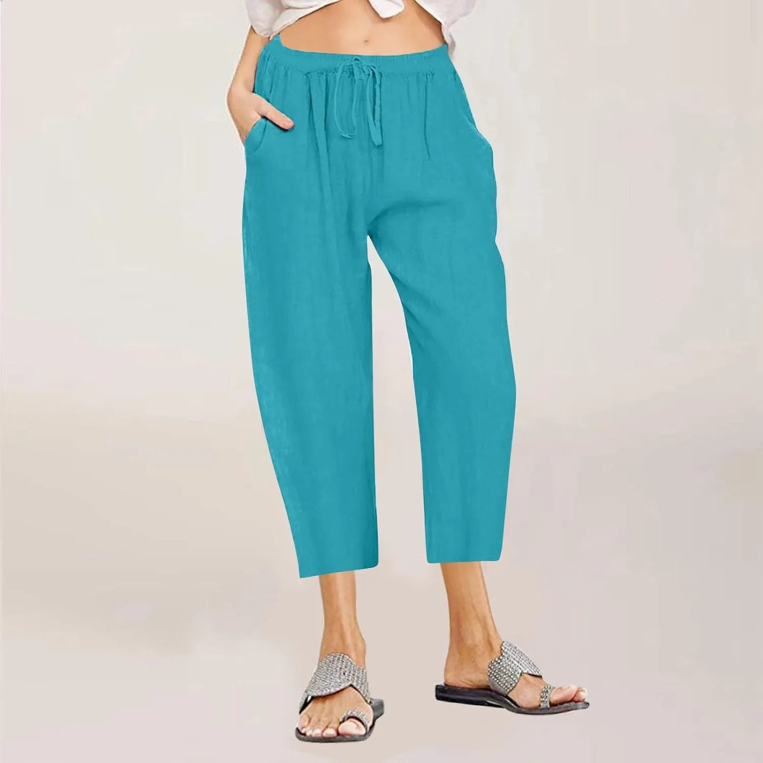 fartey Women's Capri Pants Lightweight Comfort Drawstring High Waist Linen Pants Straight Leg Loose Casual Capris Trouser
