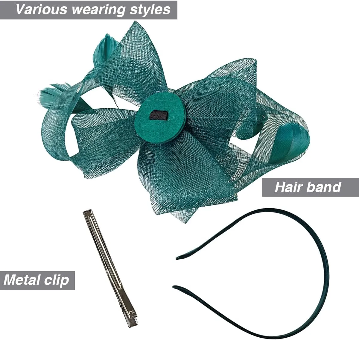 Fascinators Hat for Women, Mesh Feather Derby Headband with Gloves and Pearl Necklace Earrings for Wedding Tea Party