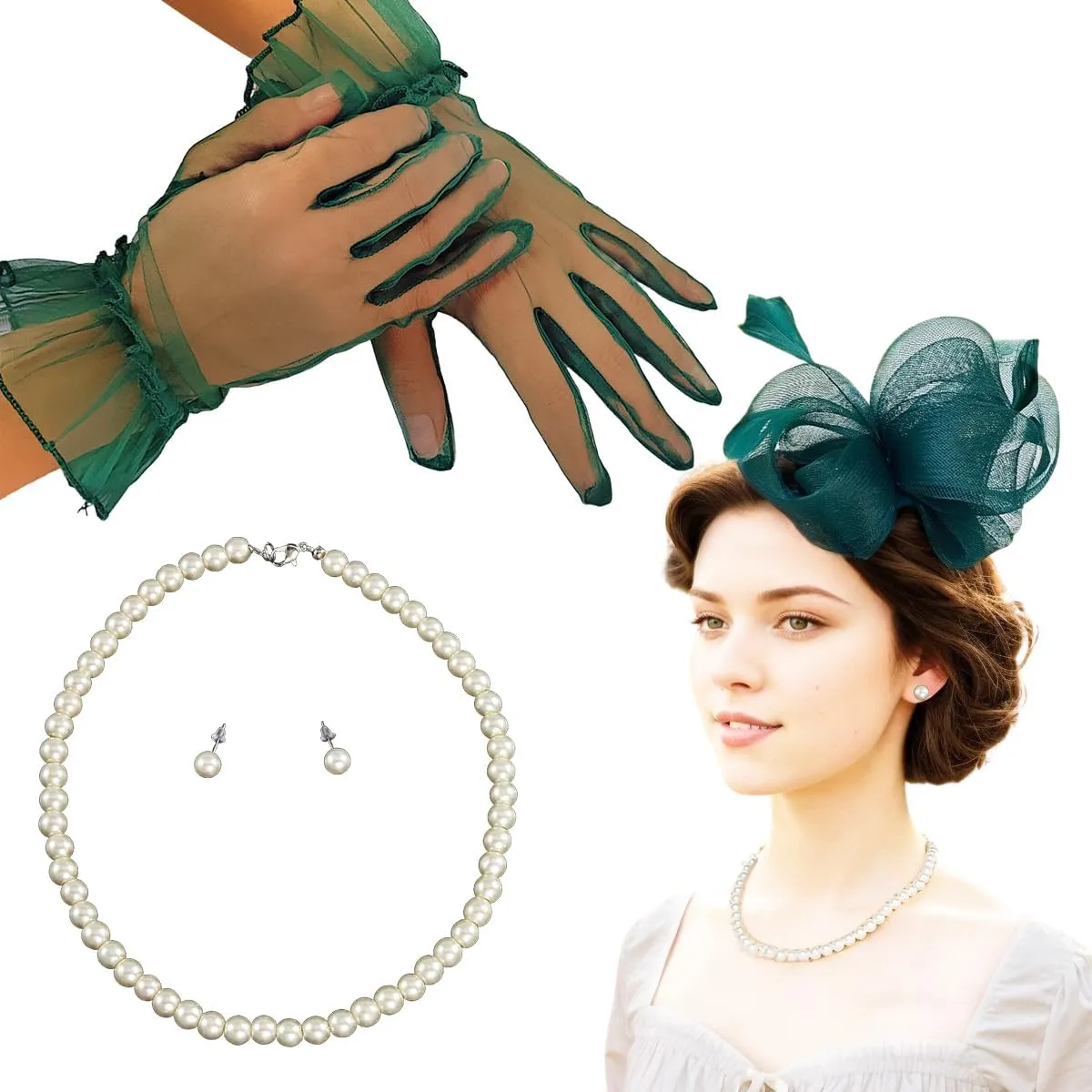 Fascinators Hat for Women, Mesh Feather Derby Headband with Gloves and Pearl Necklace Earrings for Wedding Tea Party