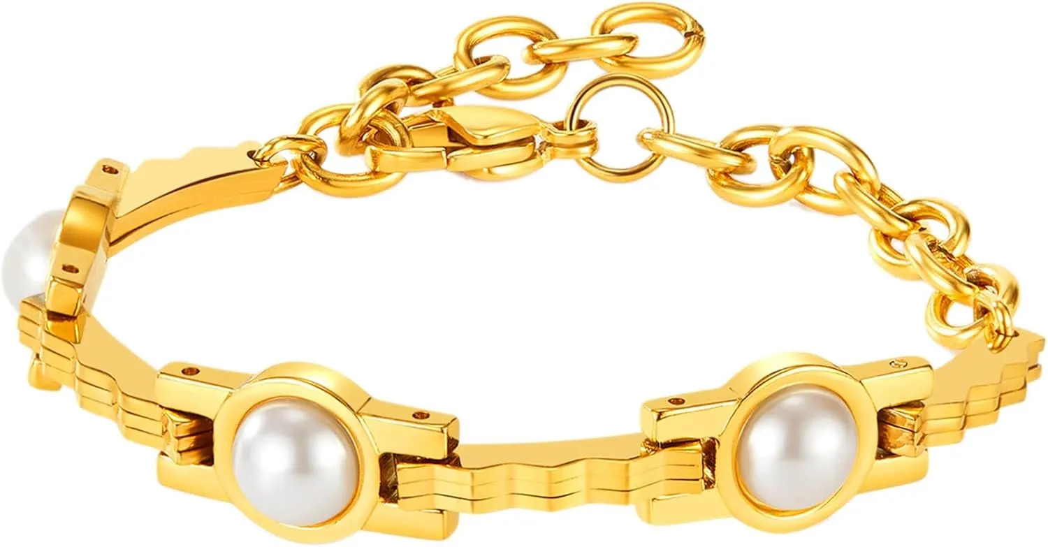 Fashion 18K Gold Plated Faux Pearl Bracelet Stainless Steel Adjustable Link Chain Bracelet