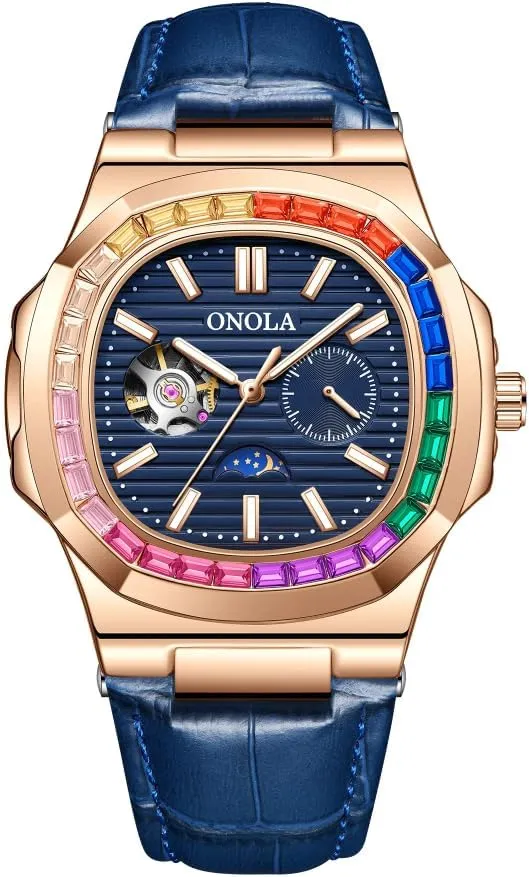 Fashion Colorful Diamond Hollow Fully Automatic Mechanical Men's and Women's Watches Waterproof Leather Watch Men's Clock