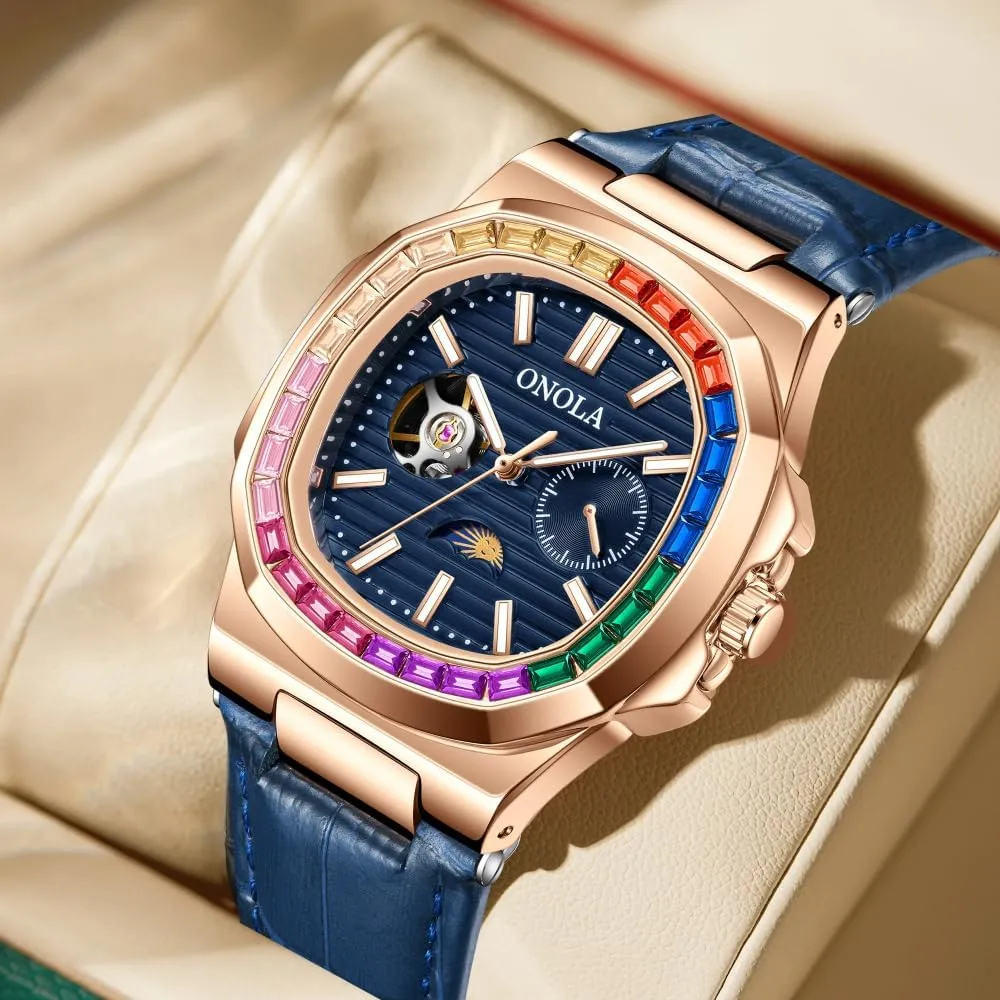 Fashion Colorful Diamond Hollow Fully Automatic Mechanical Men's and Women's Watches Waterproof Leather Watch Men's Clock