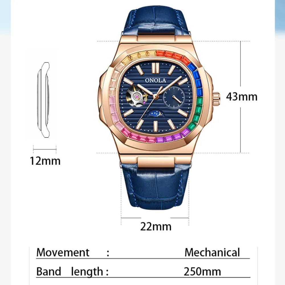 Fashion Colorful Diamond Hollow Fully Automatic Mechanical Men's and Women's Watches Waterproof Leather Watch Men's Clock