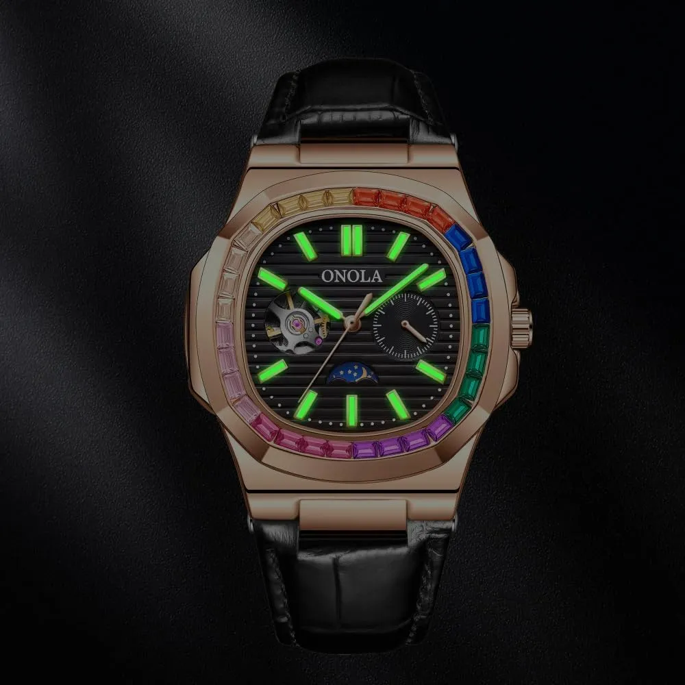 Fashion Colorful Diamond Hollow Fully Automatic Mechanical Men's and Women's Watches Waterproof Leather Watch Men's Clock