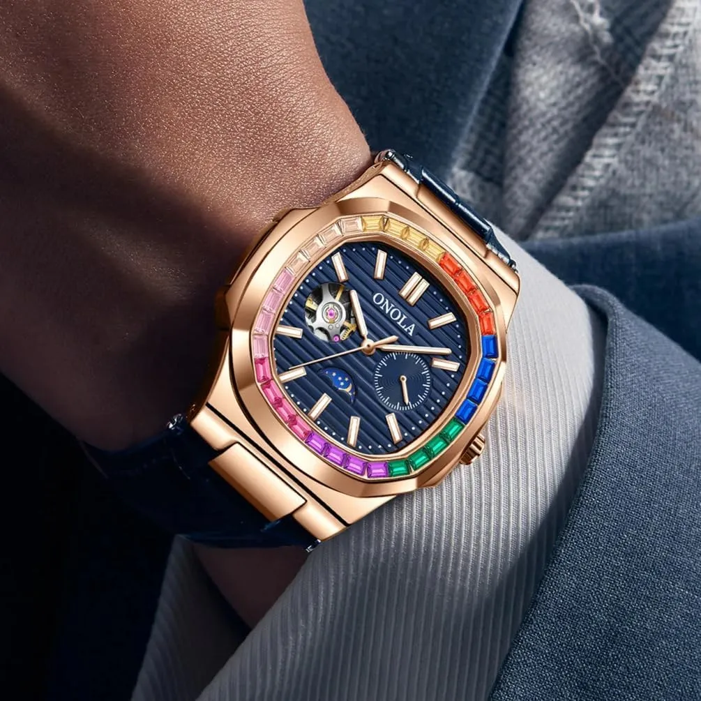 Fashion Colorful Diamond Hollow Fully Automatic Mechanical Men's and Women's Watches Waterproof Leather Watch Men's Clock