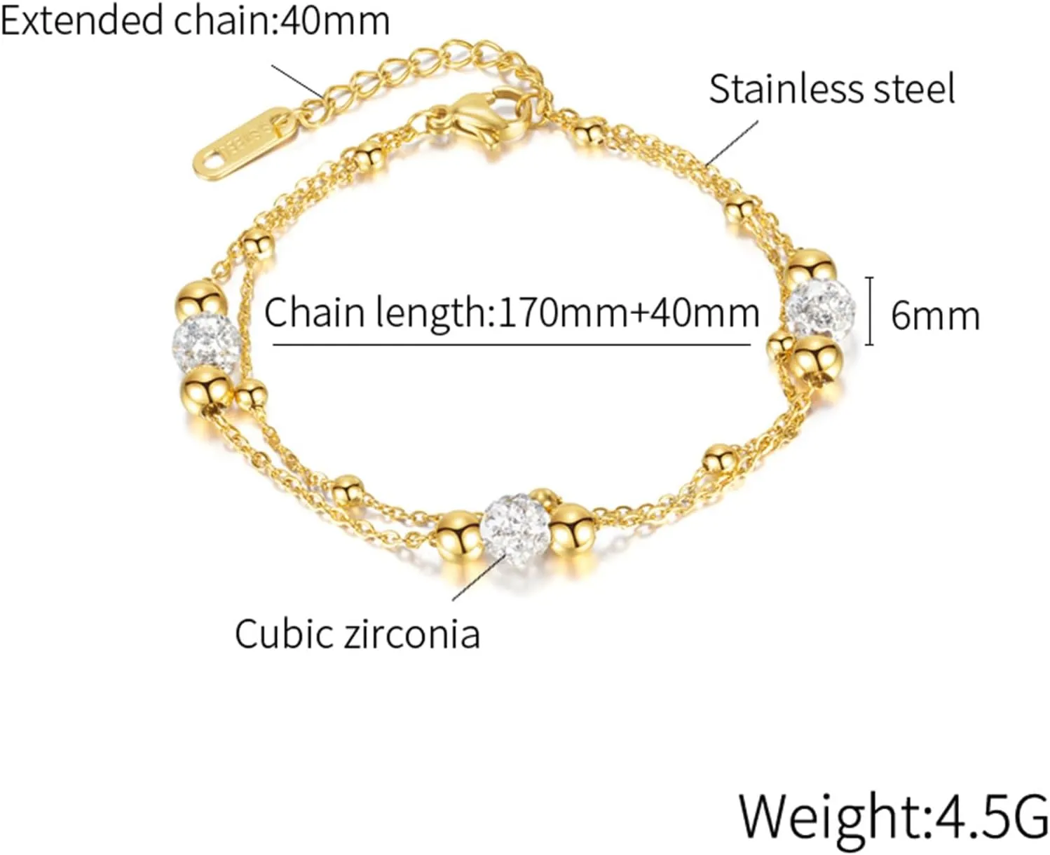 Fashion Stainless Steel Cubic Zirconia Ball Beads Chain Bracelet Double Layer Stack Adjustable Link Bracelet