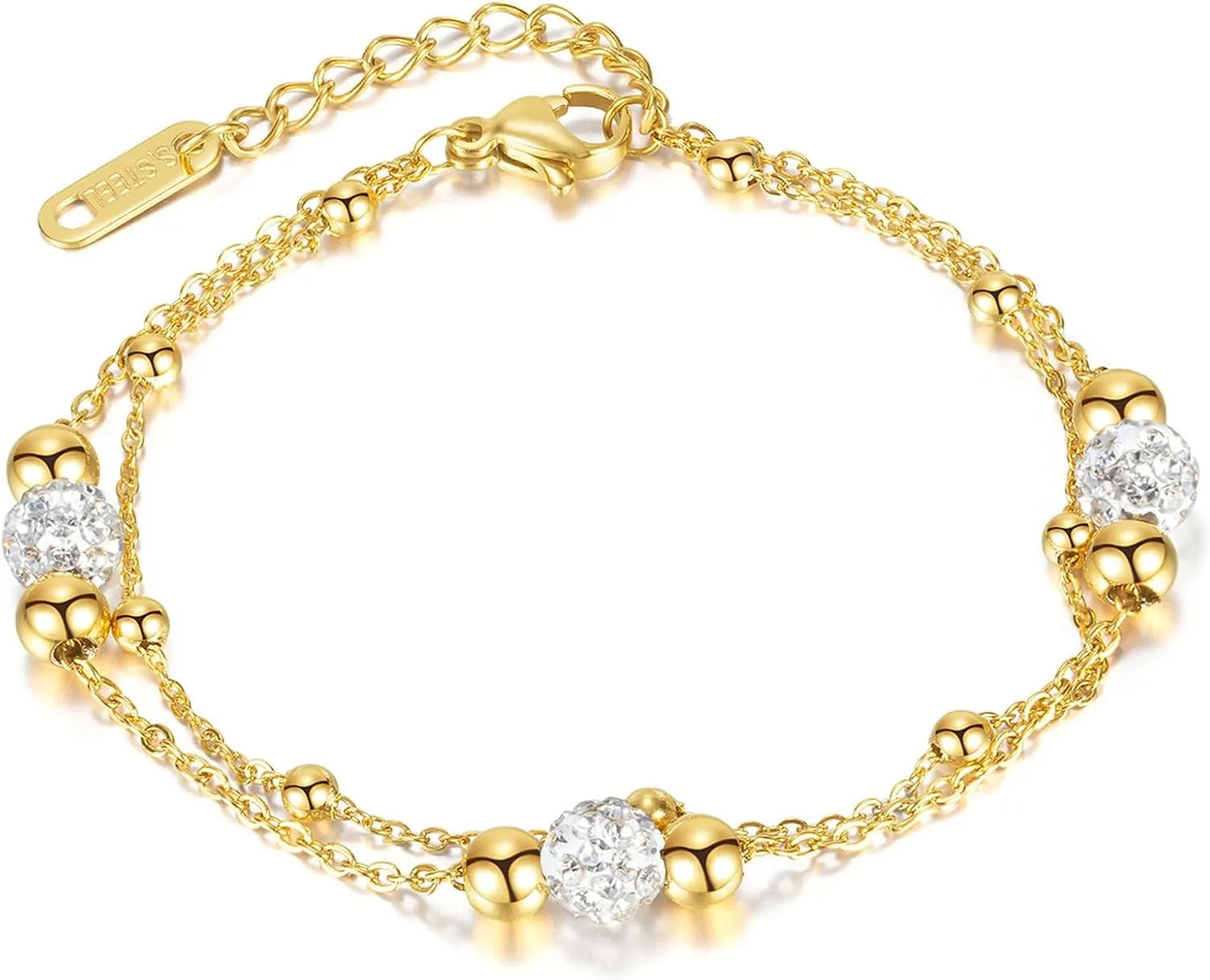 Fashion Stainless Steel Cubic Zirconia Ball Beads Chain Bracelet Double Layer Stack Adjustable Link Bracelet