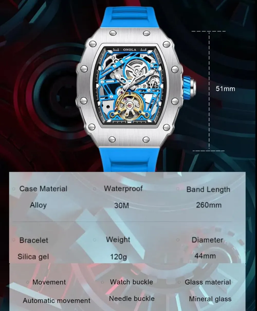 Fashion Tonneau Silicone Strap Fully Automatic Watches for Men Hollow Out Rudder Flywheel Mechanical Watch Tourbillon Skeleton Waterproof Wristwatch