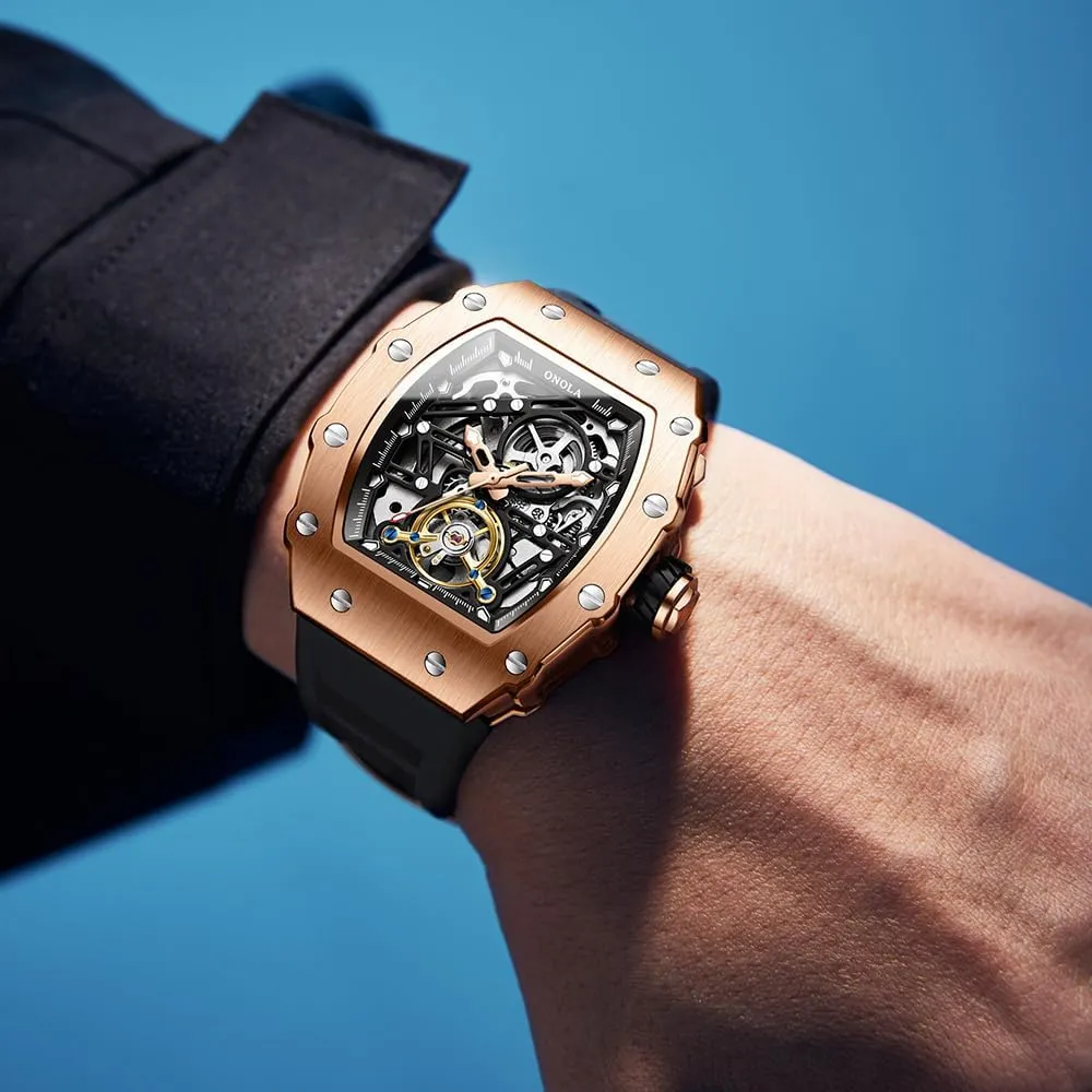 Fashion Tonneau Silicone Strap Fully Automatic Watches for Men Hollow Out Rudder Flywheel Mechanical Watch Tourbillon Skeleton Waterproof Wristwatch