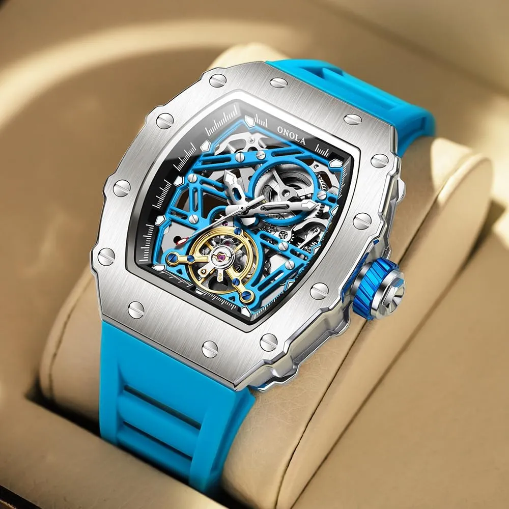 Fashion Tonneau Silicone Strap Fully Automatic Watches for Men Hollow Out Rudder Flywheel Mechanical Watch Tourbillon Skeleton Waterproof Wristwatch