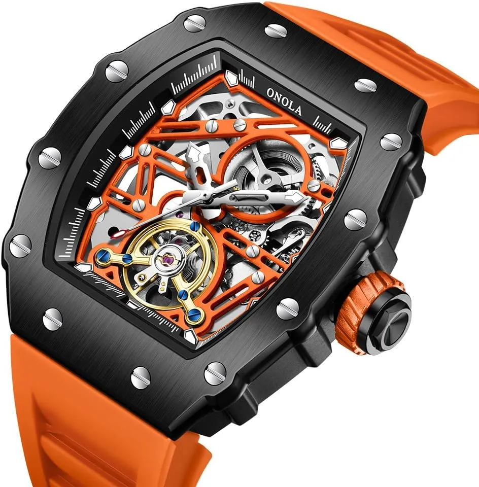 Fashion Tonneau Silicone Strap Fully Automatic Watches for Men Hollow Out Rudder Flywheel Mechanical Watch Tourbillon Skeleton Waterproof Wristwatch