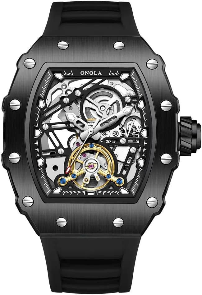 Fashion Tonneau Silicone Strap Fully Automatic Watches for Men Hollow Out Rudder Flywheel Mechanical Watch Tourbillon Skeleton Waterproof Wristwatch