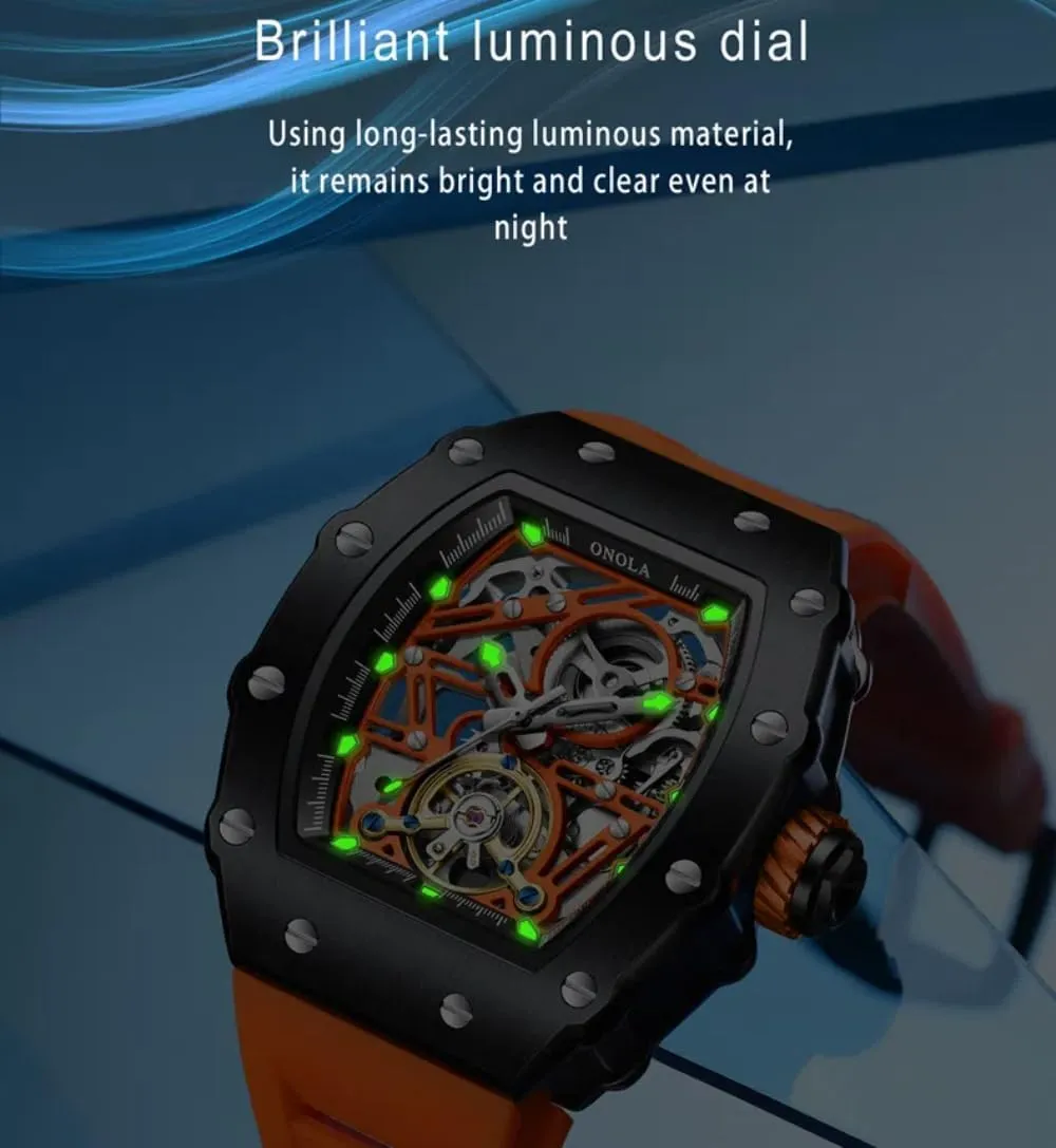 Fashion Tonneau Silicone Strap Fully Automatic Watches for Men Hollow Out Rudder Flywheel Mechanical Watch Tourbillon Skeleton Waterproof Wristwatch