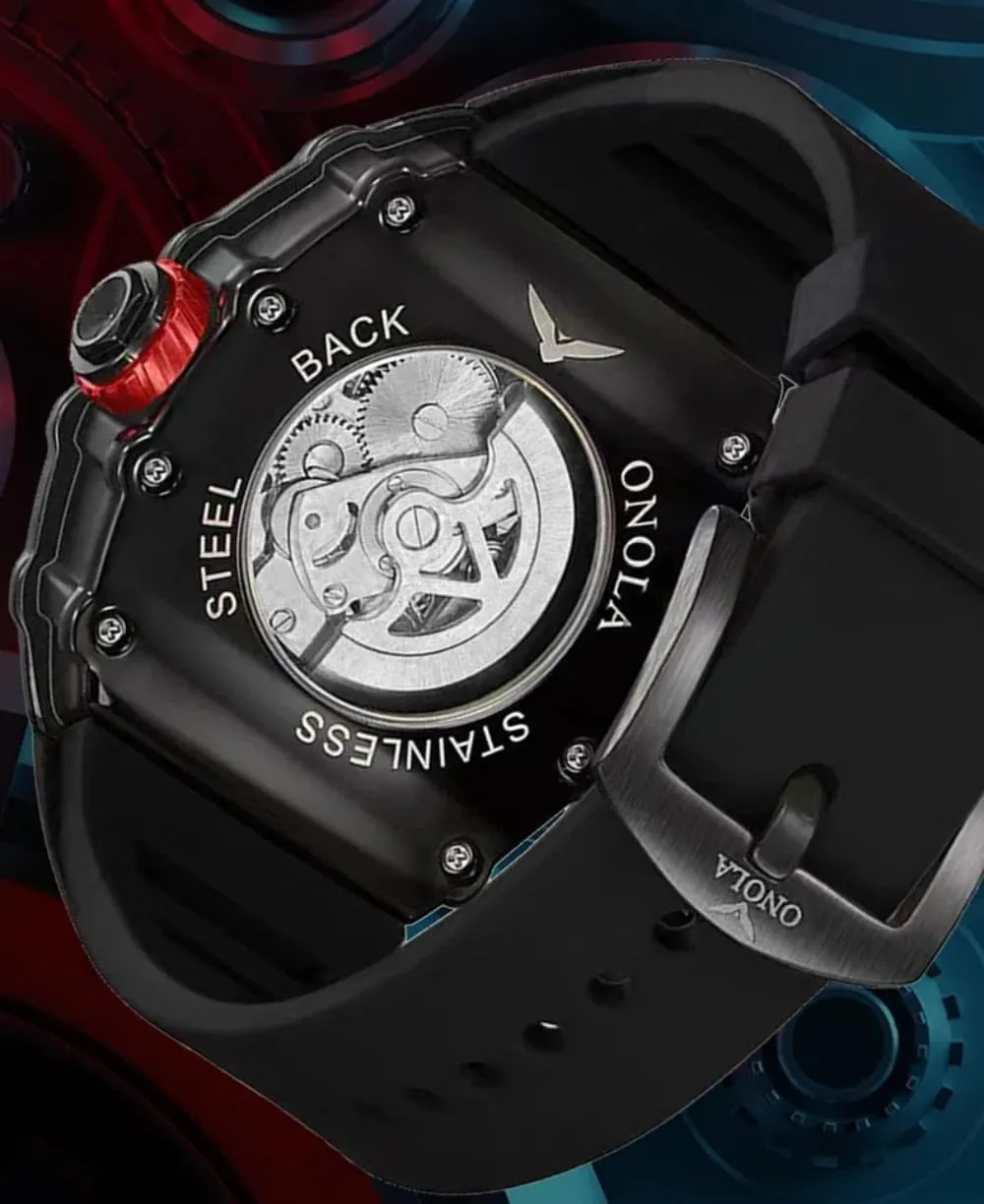 Fashion Tonneau Silicone Strap Fully Automatic Watches for Men Hollow Out Rudder Flywheel Mechanical Watch Tourbillon Skeleton Waterproof Wristwatch