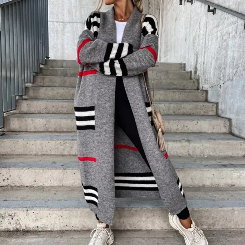 FashionSierra - Casual Striped Color Matching Knitted Long Sweaters Cardigan Elegant