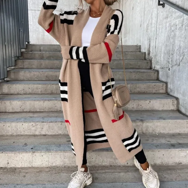 FashionSierra - Casual Striped Color Matching Knitted Long Sweaters Cardigan Elegant