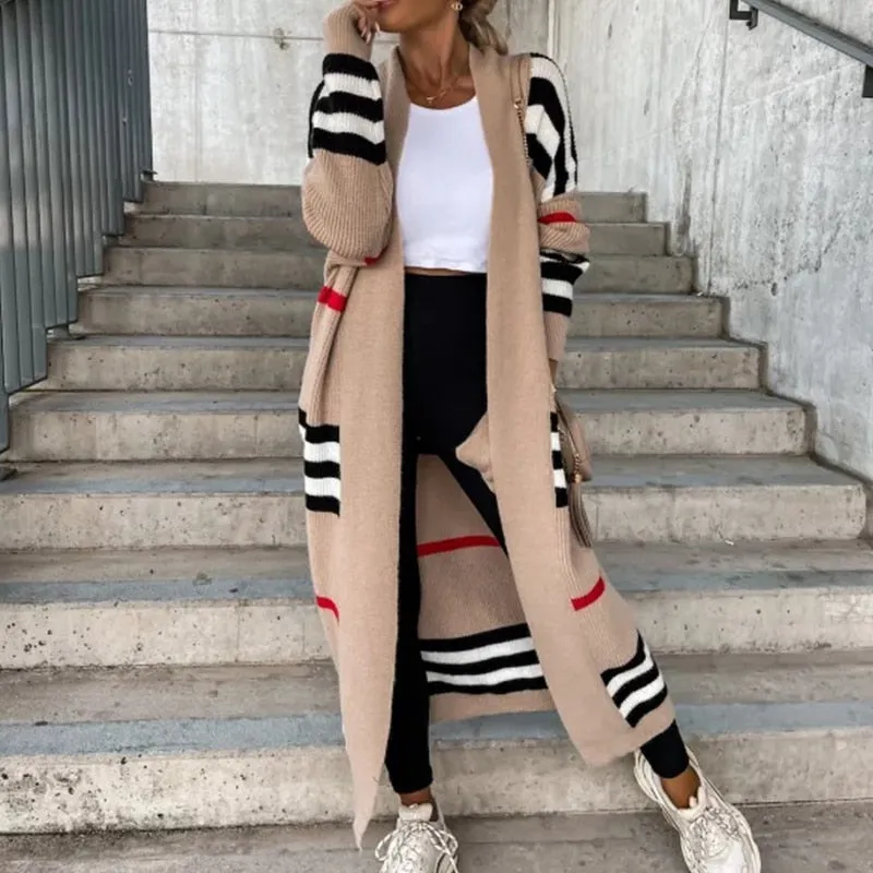 FashionSierra - Casual Striped Color Matching Knitted Long Sweaters Cardigan Elegant
