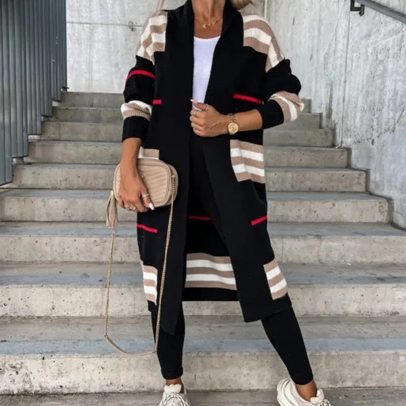 FashionSierra - Casual Striped Color Matching Knitted Long Sweaters Cardigan Elegant