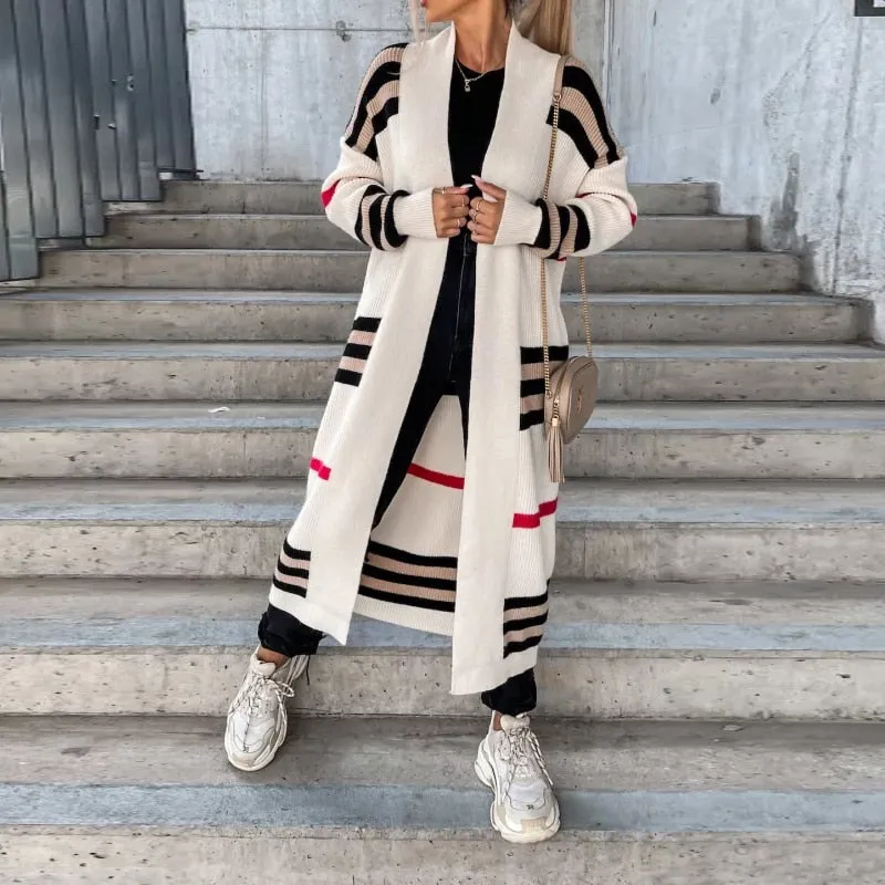 FashionSierra - Casual Striped Color Matching Knitted Long Sweaters Cardigan Elegant