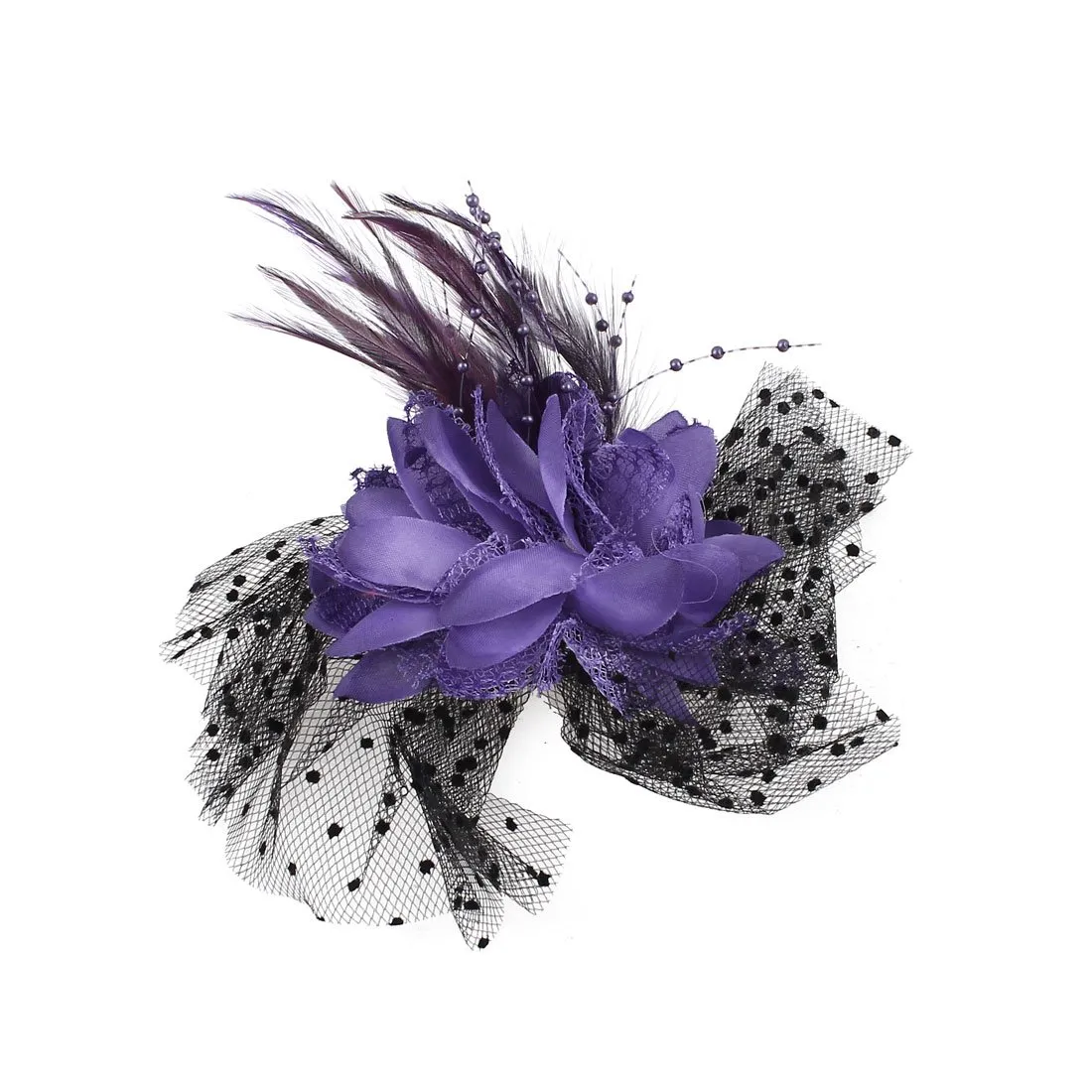 Feather Flower Decor Black Dotted Mesh Hair Clip Brooch Purple (id: 922 e78 051 d43 137, Small