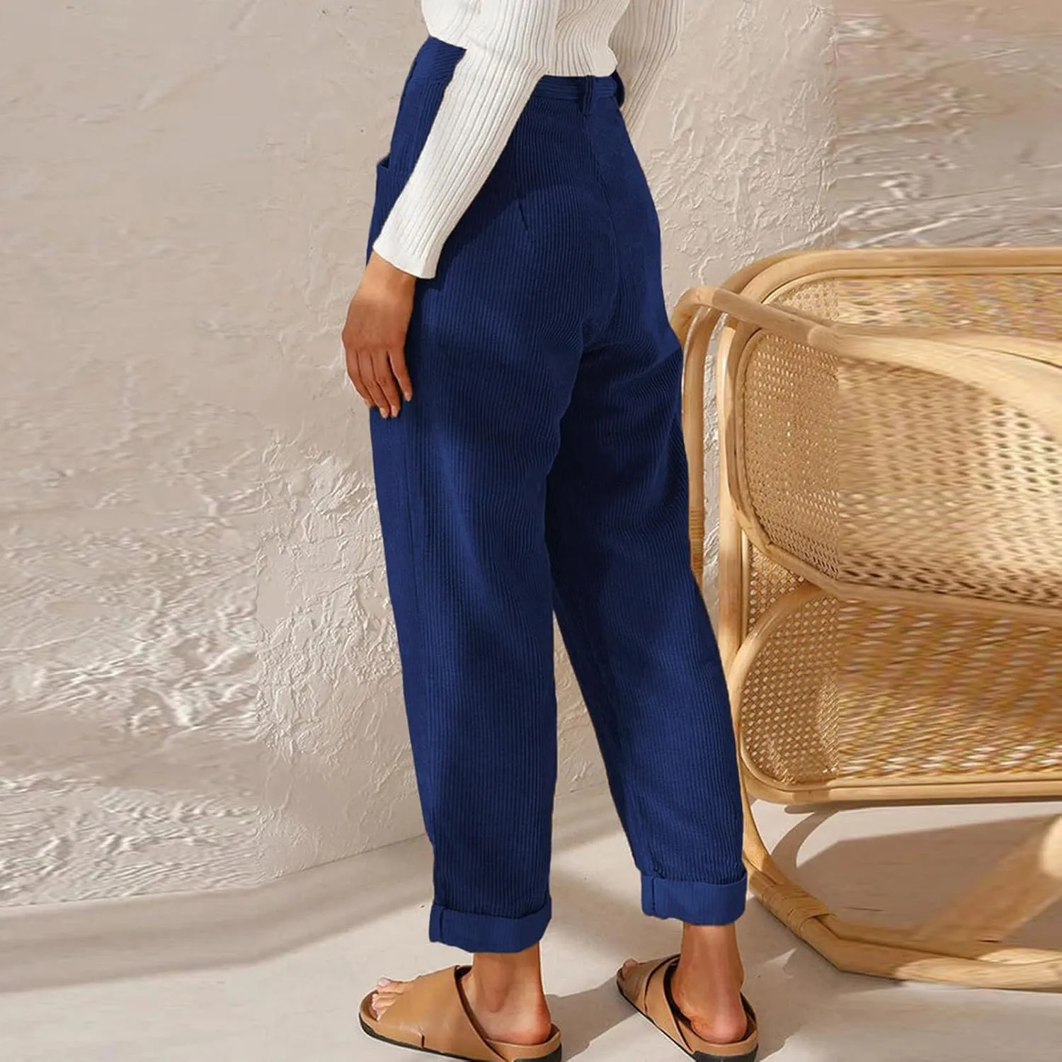 Febecool Cargo Pants Women High Waist Casual Pants Solid Color Corduroy Loose Straight Leg Trousers Women