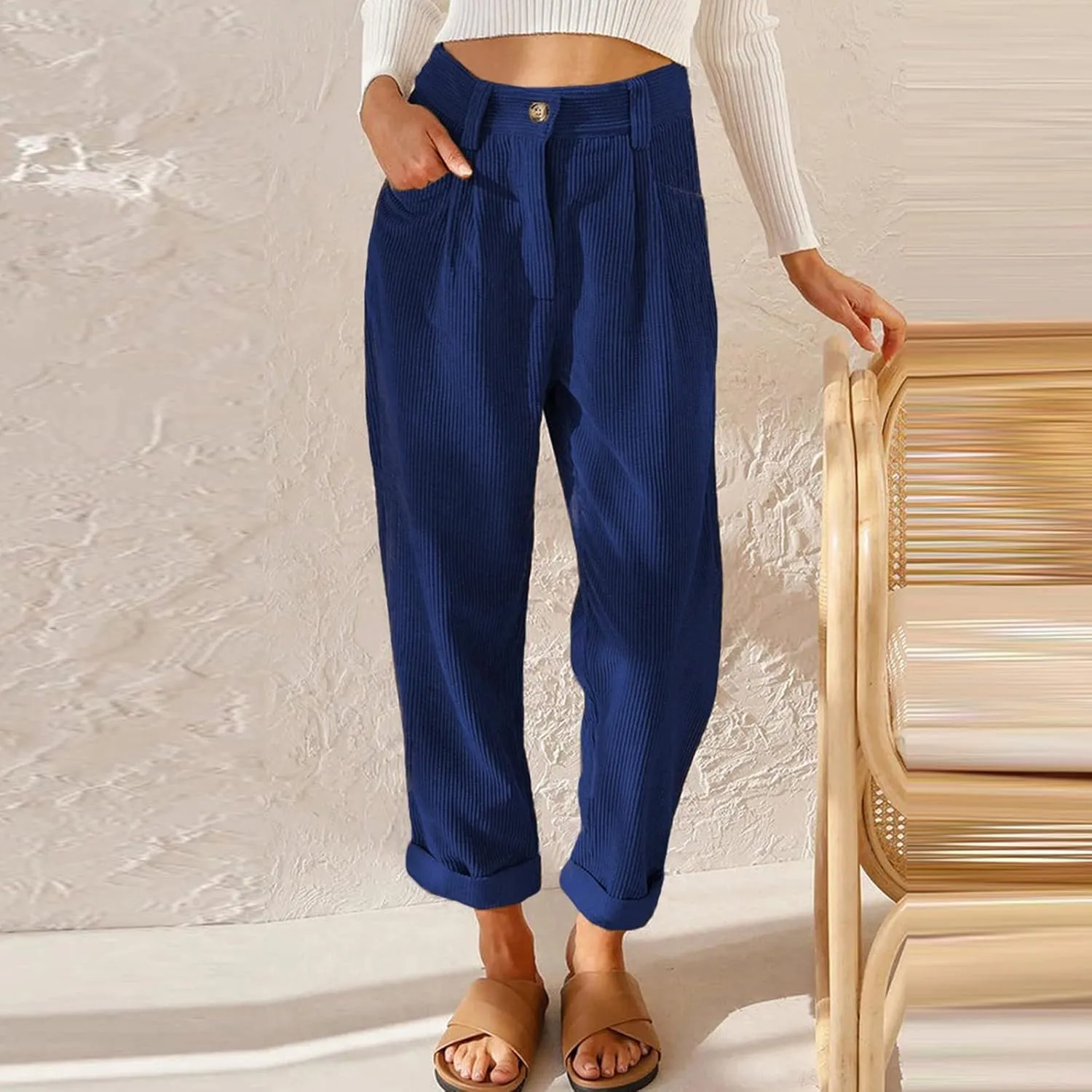 Febecool Cargo Pants Women High Waist Casual Pants Solid Color Corduroy Loose Straight Leg Trousers Women