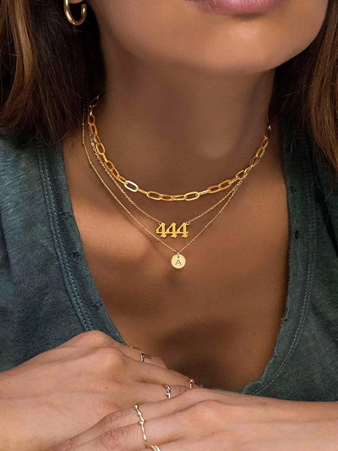 FindChic Angel Number Paperclip Chain Layered Necklaces for Women Stainless Steel/Gold Plated/Black 222 444 888 999 Lucky Number/Custom Name Choker Necklaces, with Gift Box