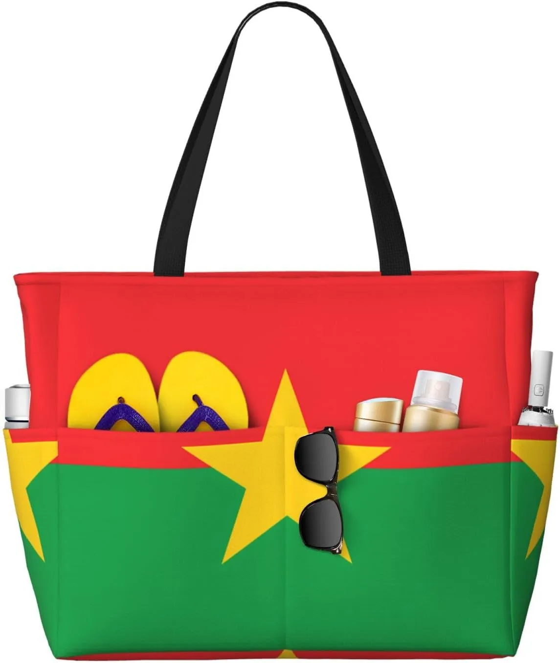 Flag of Burkina Faso Print 28L Large Beach Tote Bag, 7 Pockets Waterproof Travel Shoulder Bag, Gym Oversized Tote
