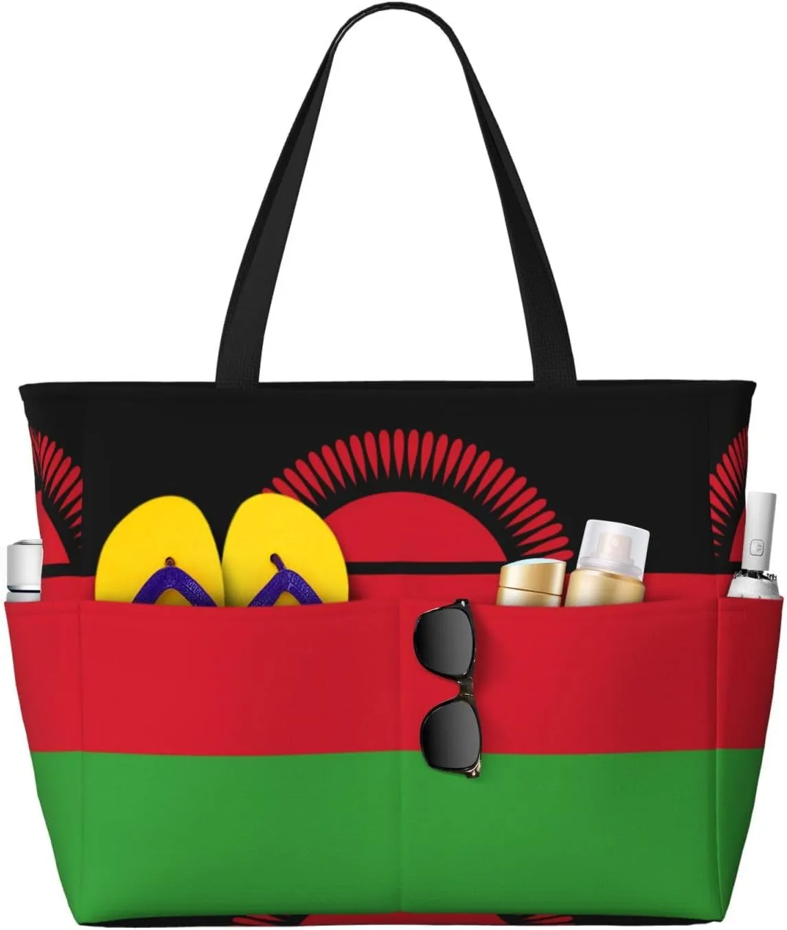 Flag of Malawi Print 28L Large Beach Tote Bag, 7 Pockets Waterproof Travel Shoulder Bag, Gym Oversized Tote