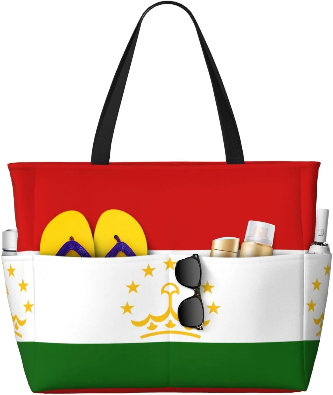 Flag of Tajikistan Print 28L Large Beach Tote Bag, 7 Pockets Waterproof Travel Shoulder Bag, Gym Oversized Tote