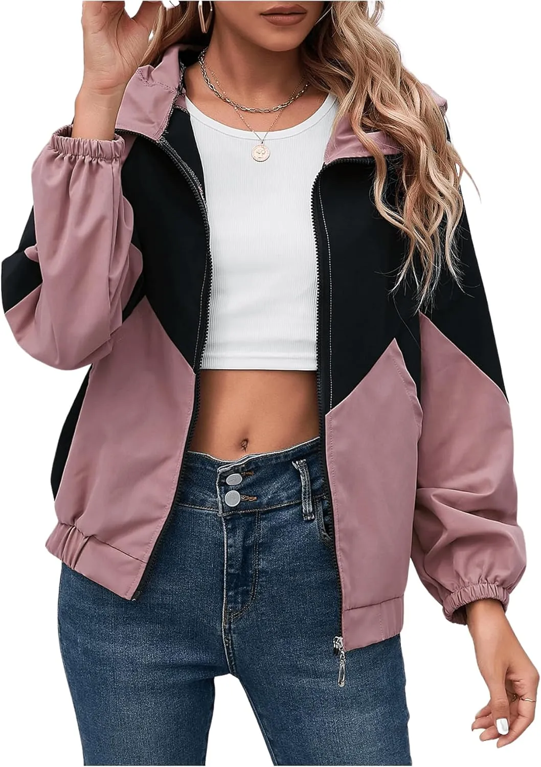 Floerns Women's Color Block Hooded Casual Thin Windbreaker Jacket