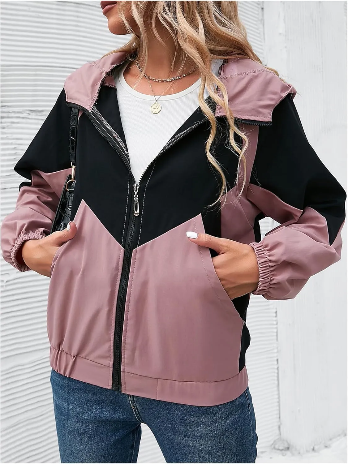 Floerns Women's Color Block Hooded Casual Thin Windbreaker Jacket