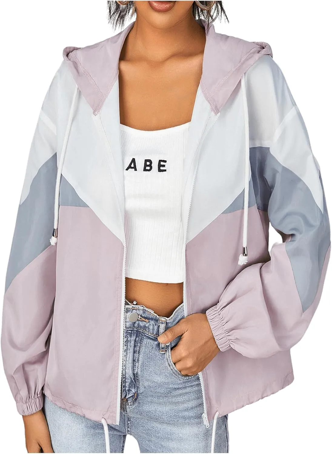Floerns Women's Color Block Hooded Casual Thin Windbreaker Jacket