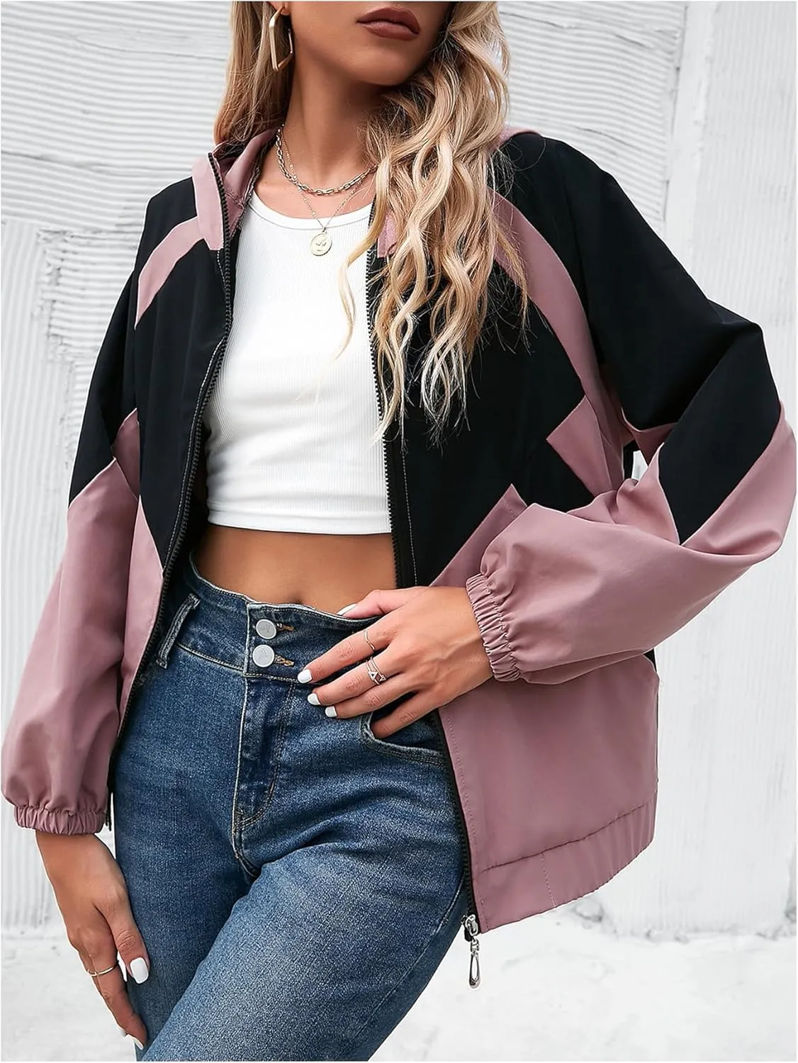 Floerns Women's Color Block Hooded Casual Thin Windbreaker Jacket