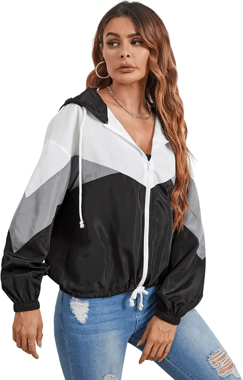 Floerns Women's Color Block Hooded Casual Thin Windbreaker Jacket