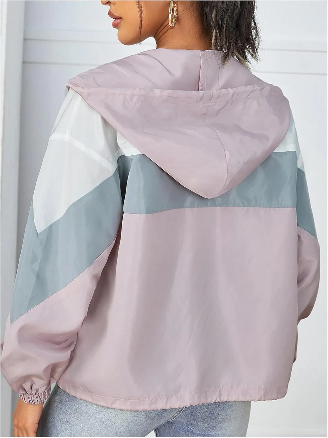 Floerns Women's Color Block Hooded Casual Thin Windbreaker Jacket