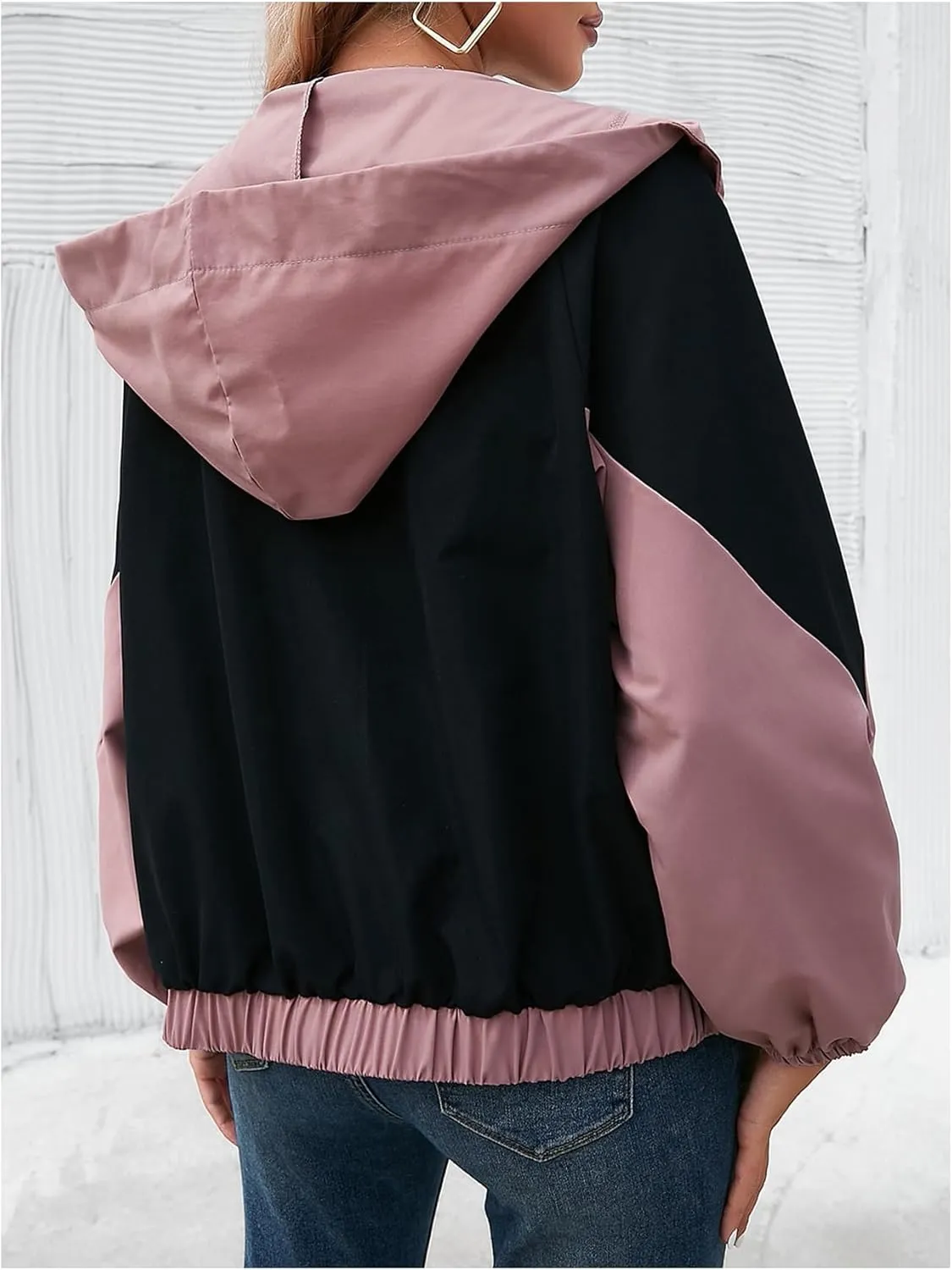 Floerns Women's Color Block Hooded Casual Thin Windbreaker Jacket