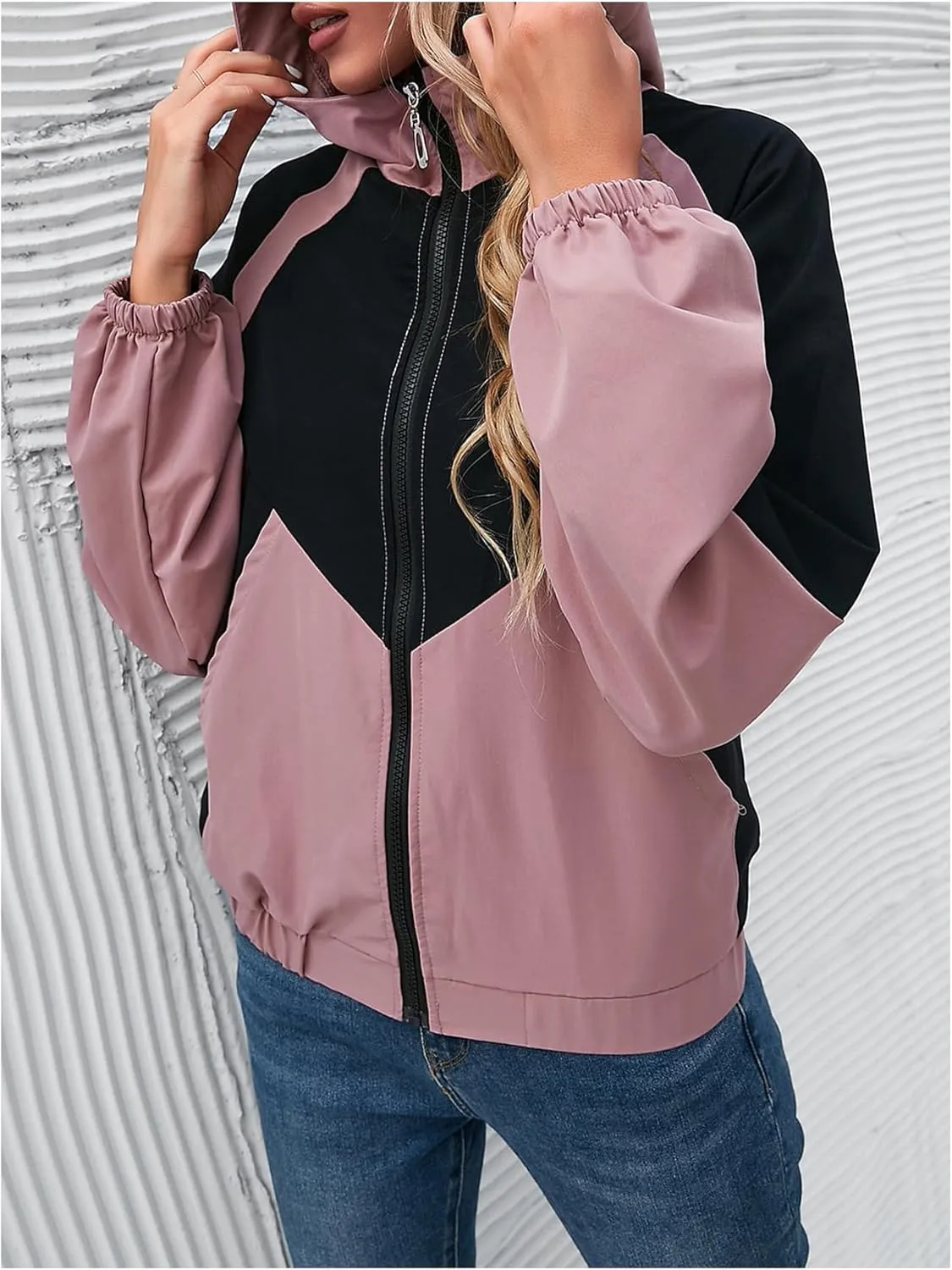 Floerns Women's Color Block Hooded Casual Thin Windbreaker Jacket