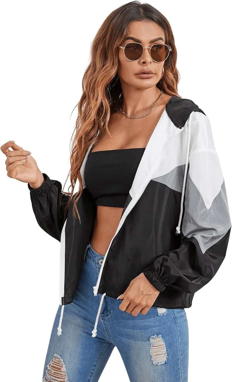 Floerns Women's Color Block Hooded Casual Thin Windbreaker Jacket