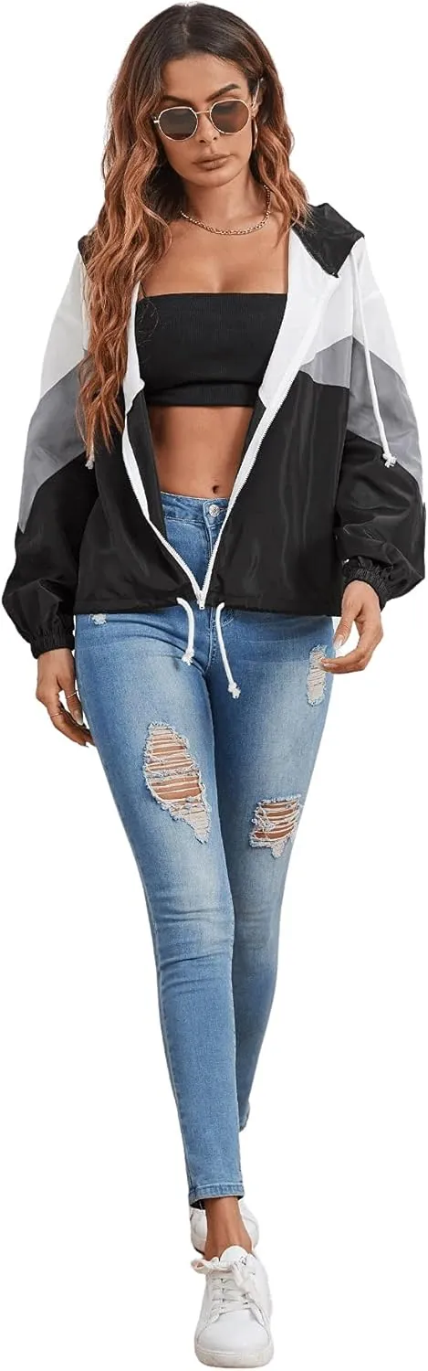 Floerns Women's Color Block Hooded Casual Thin Windbreaker Jacket