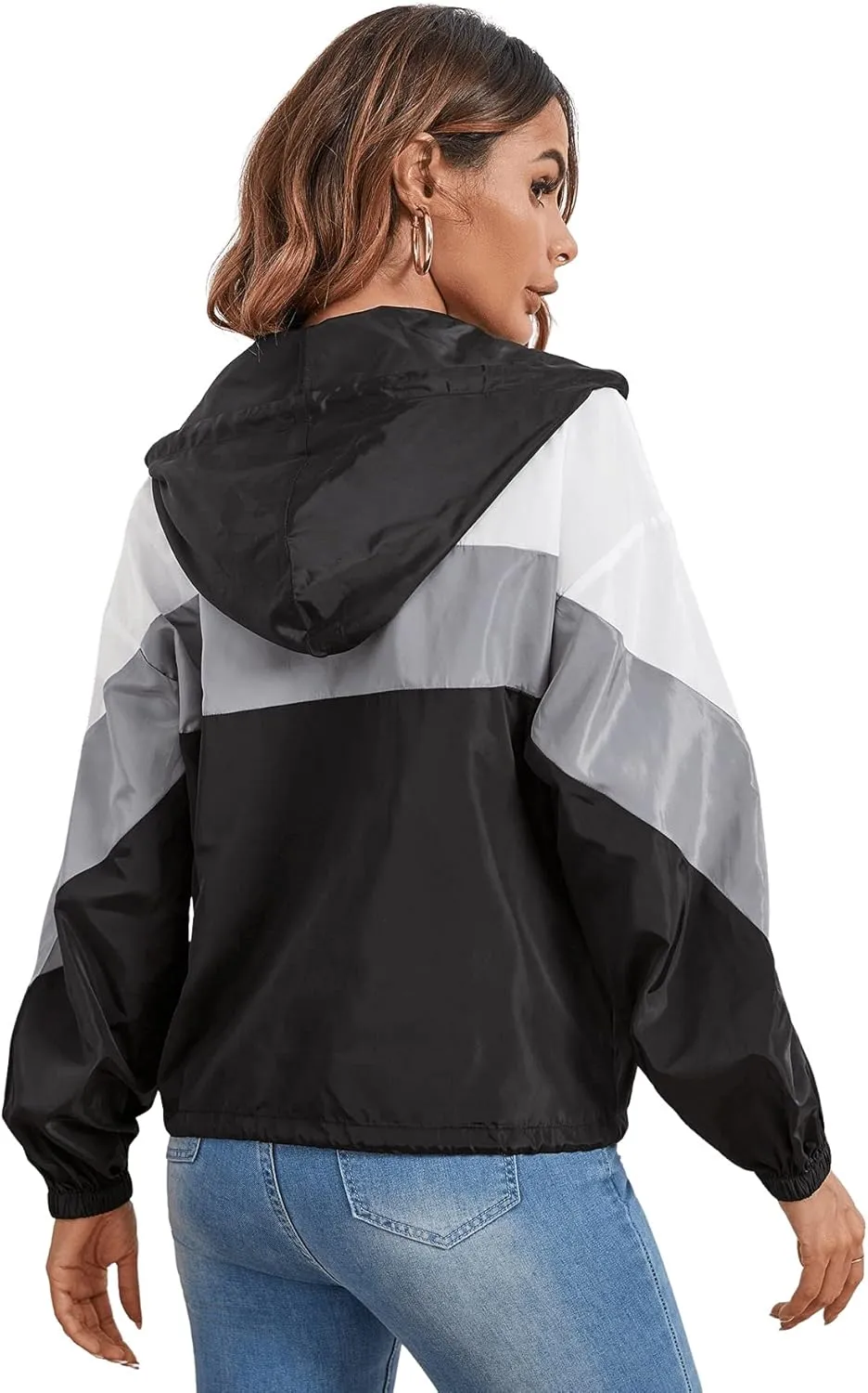 Floerns Women's Color Block Hooded Casual Thin Windbreaker Jacket