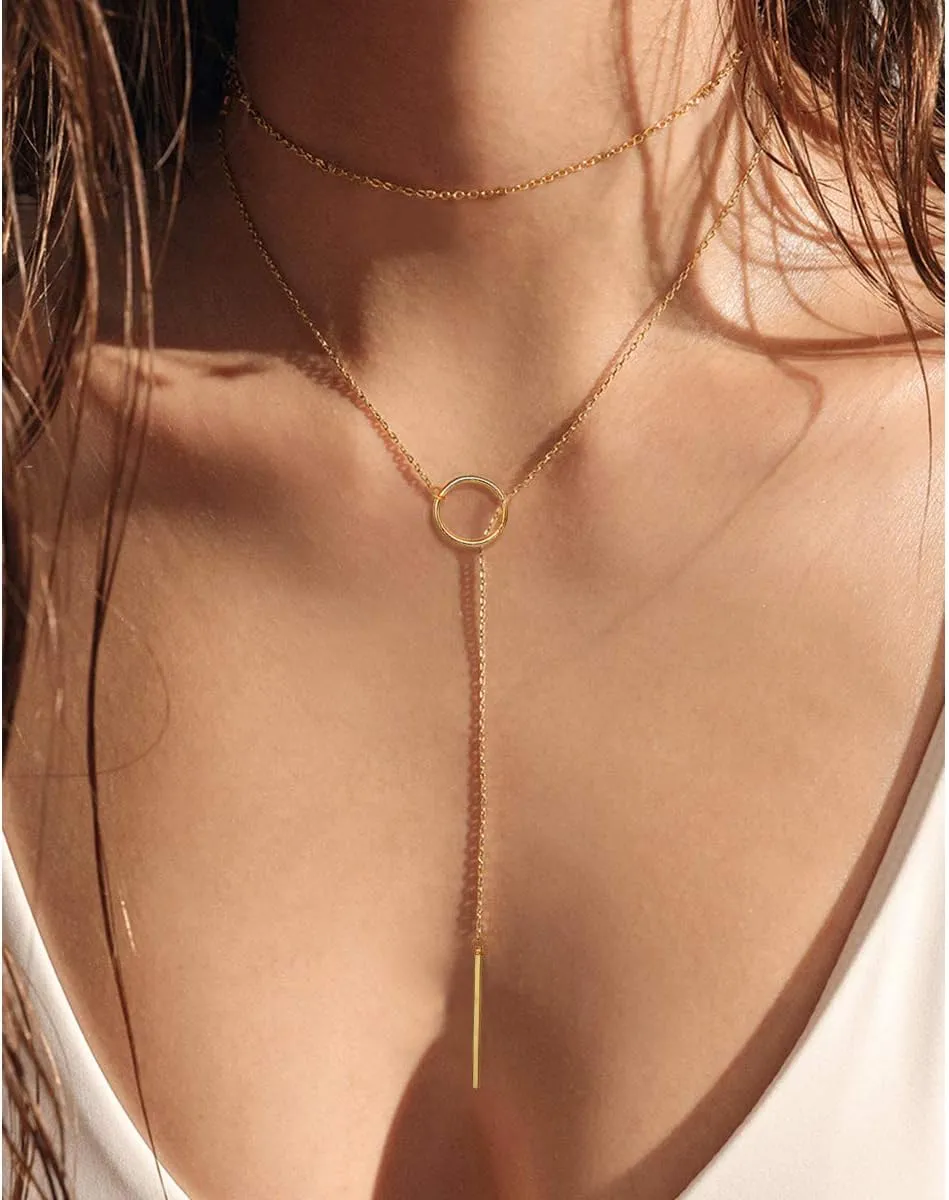 FOCALOOK Long Necklaces for Women 14K Gold Plated Dainty Drop Bar Pendant Lariat Y-Shaped Necklace Earring Set 28inch/73cm