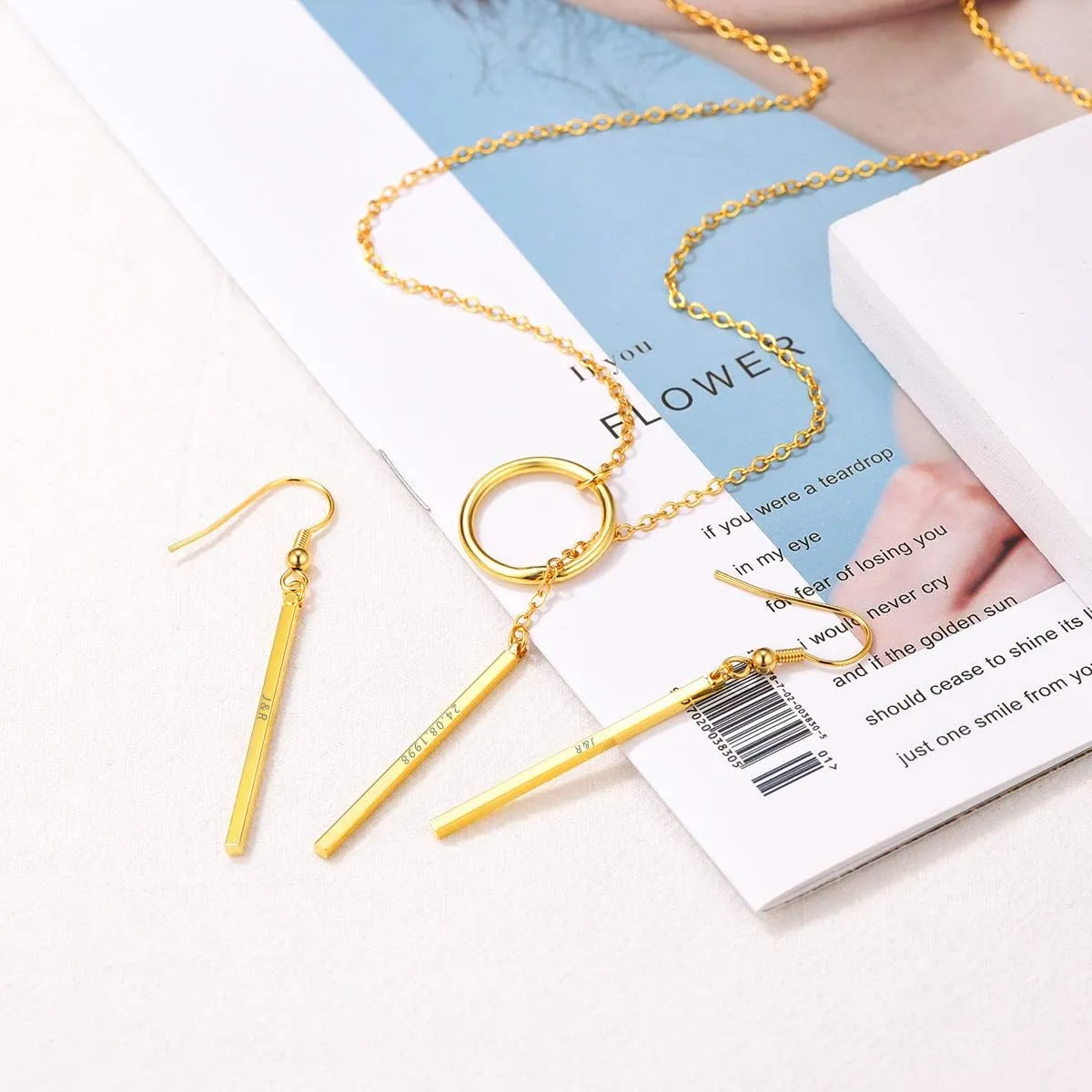 FOCALOOK Long Necklaces for Women 14K Gold Plated Dainty Drop Bar Pendant Lariat Y-Shaped Necklace Earring Set 28inch/73cm