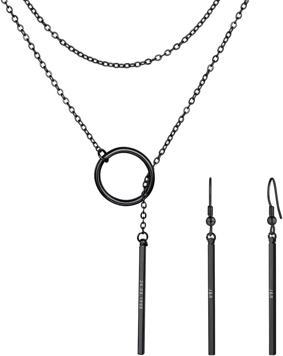 FOCALOOK Long Necklaces for Women 14K Gold Plated Dainty Drop Bar Pendant Lariat Y-Shaped Necklace Earring Set 28inch/73cm