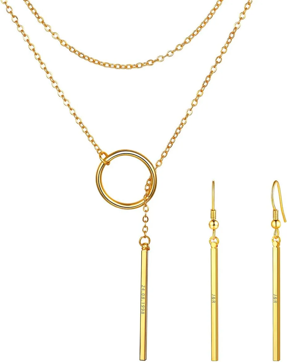 FOCALOOK Long Necklaces for Women 14K Gold Plated Dainty Drop Bar Pendant Lariat Y-Shaped Necklace Earring Set 28inch/73cm