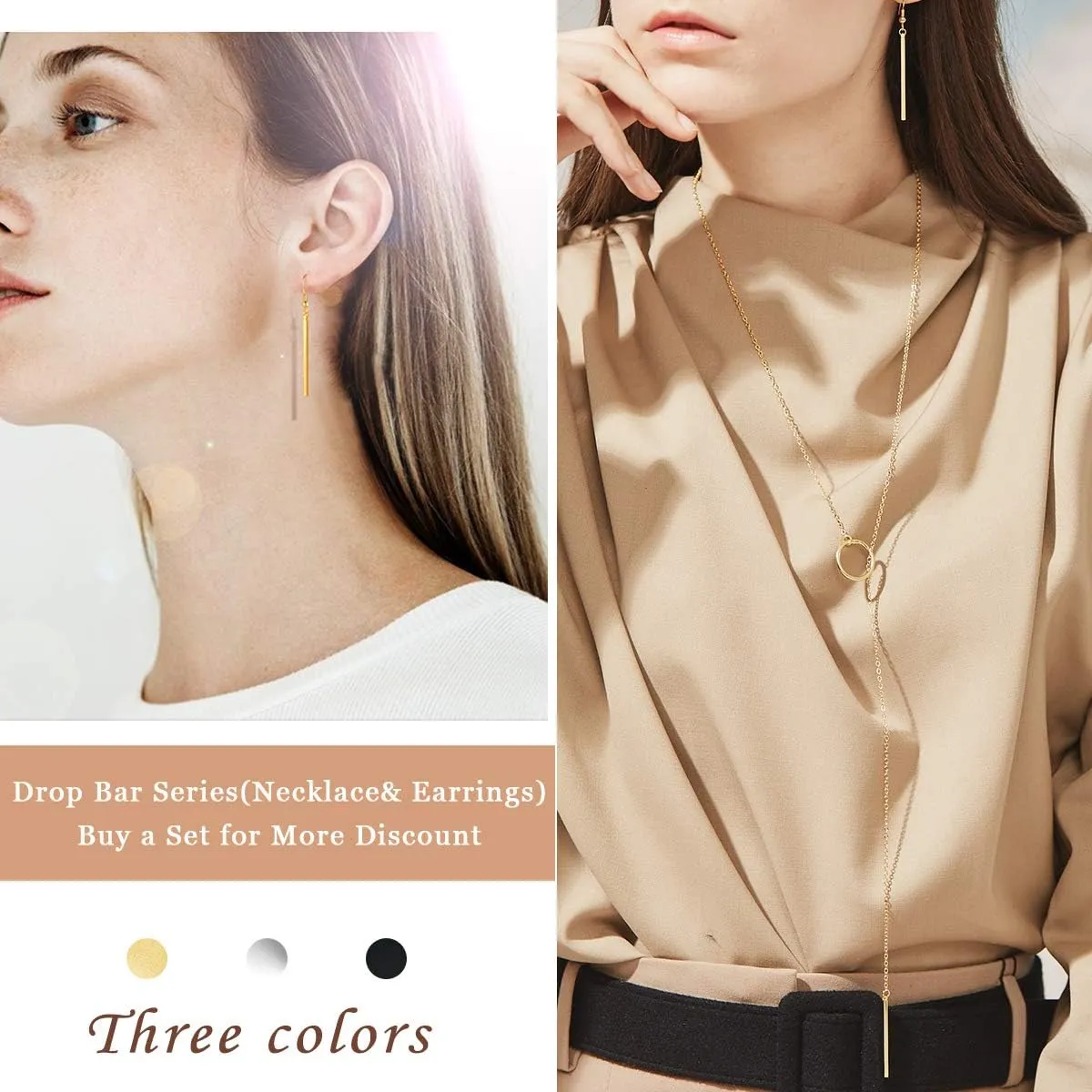 FOCALOOK Long Necklaces for Women 14K Gold Plated Dainty Drop Bar Pendant Lariat Y-Shaped Necklace Earring Set 28inch/73cm